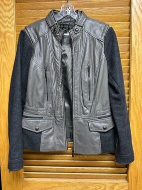 Bernardo Two-Tone Charcoal Leather Front Jacket with Black Knit Sleeves